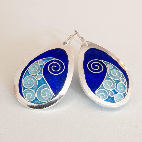 Cobalt Blue Wave Earrings –Cloisonné & Champlevé Enamels on Fine Silver w/ Sterling Ear Wires Sterling Silver Teardrop Jewelry With Artistic Design, Artisan Blue Earrings, Silver Teardrop Earrings With Artistic Design, Artisan Blue Drop Earrings, Artisan Teardrop Blue Jewelry, Artisan Blue Teardrop Jewelry, Blue Artistic Design Drop Earrings, Artisan Blue Nickel-free Earrings, Artistic Blue Sterling Silver Earrings