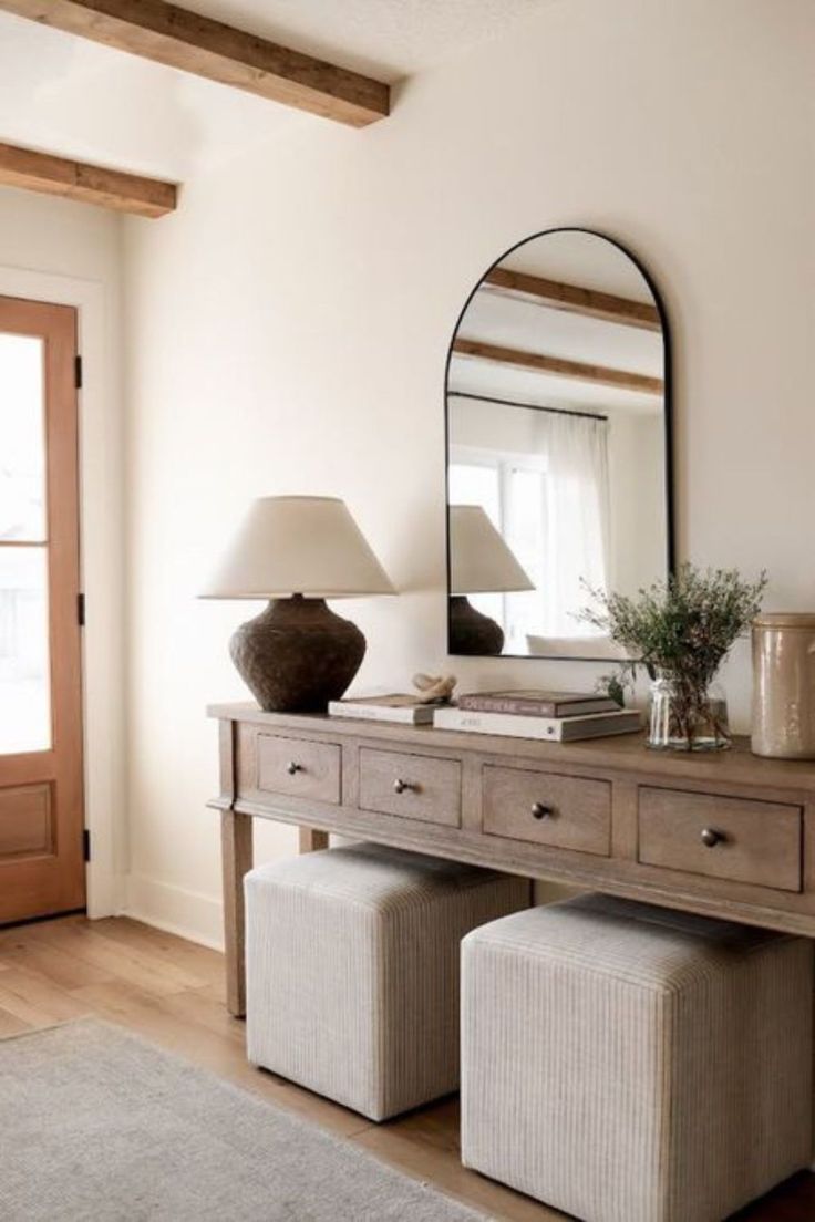 a room with a dresser, mirror and stools