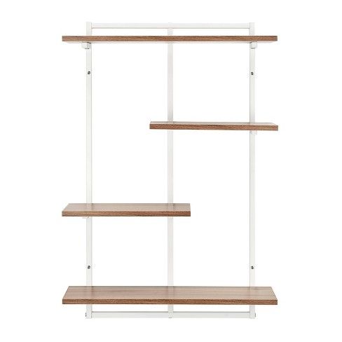 three wooden shelves with white metal brackets and wood shelves on each side, one is empty