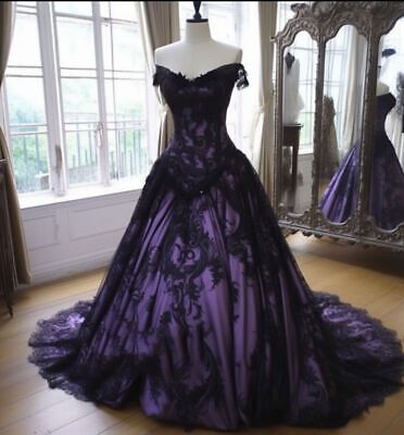 Black Purple Wedding, Purple Wedding Dresses, Purple Black Wedding, Goth Wedding Dresses, Purple Ball Gown, Purple And Black Dress, Black Wedding Gowns, Long Bridal Gown, Purple Wedding Dress