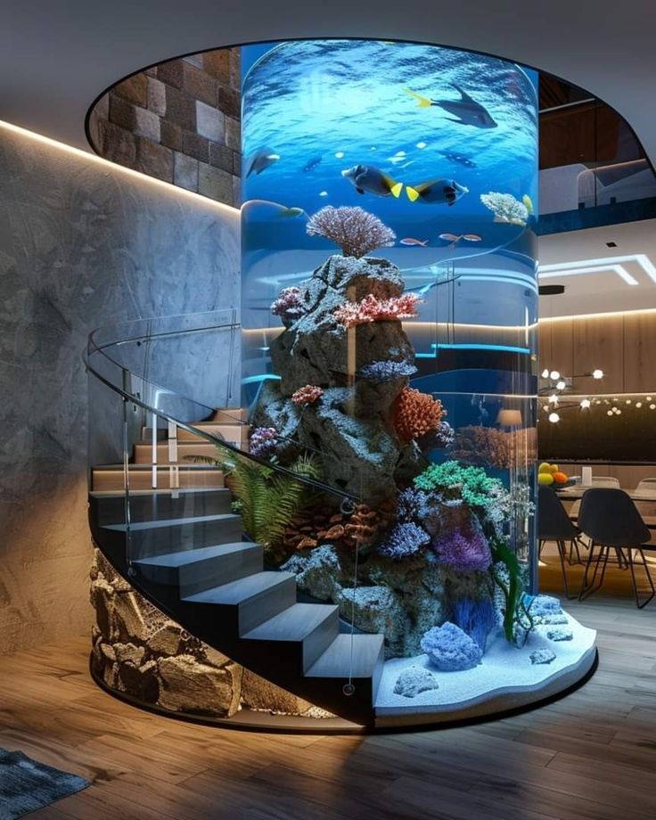 a fish tank in the middle of a room with stairs leading up to an aquarium