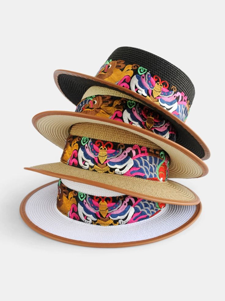 Straw Hat Retro Ethnic Style Embroidery Flower Beach Hat Spring and Summer Basin Hat Multicolor Panama Hat With Short Brim For Vacation, Multicolor Short Brim Panama Hat For Vacation, Bohemian Black Panama Hat For Beach, Traditional Multicolor Hat Bands For Summer, Multicolor Flat Brim Panama Hat, Bohemian Brimmed Woven Boater Hat, Bohemian Woven Boater Hat With Short Brim, Bohemian Woven Brimmed Boater Hat, Multicolor Flat Brim Hat For Vacation