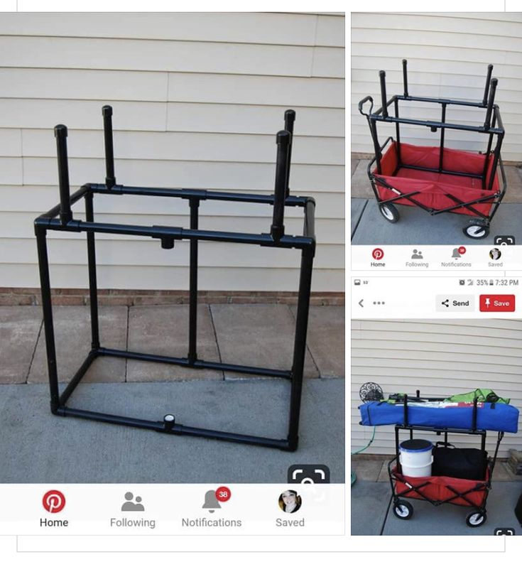 two pictures of the same cart with wheels