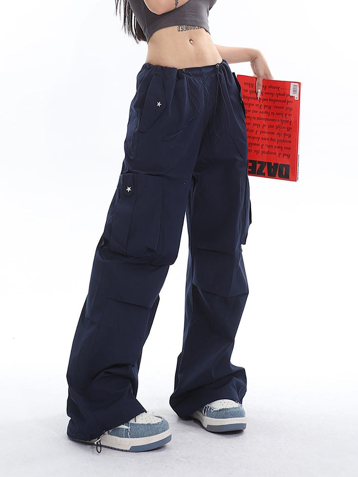 1 Blue Baggy Parachute Pants With Pockets, Casual Blue Full-length Cargo Pants, Baggy High Waist Parachute Pants With Hip Pockets, Blue Relaxed Fit Wide Leg Cargo Pants, Blue Wide Leg Relaxed Fit Cargo Pants, Blue Wide Leg Cargo Pants With Relaxed Fit, Blue Full-length Parachute Pants, Blue Full-length Cargo Pants With Multiple Pockets, Blue Full Length Cargo Pants With Multiple Pockets