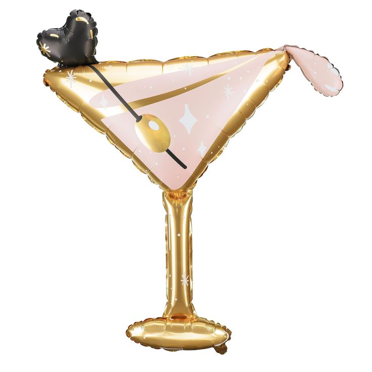 a balloon shaped like a cocktail glass with a black cat on the top, and a pink triangle in the middle