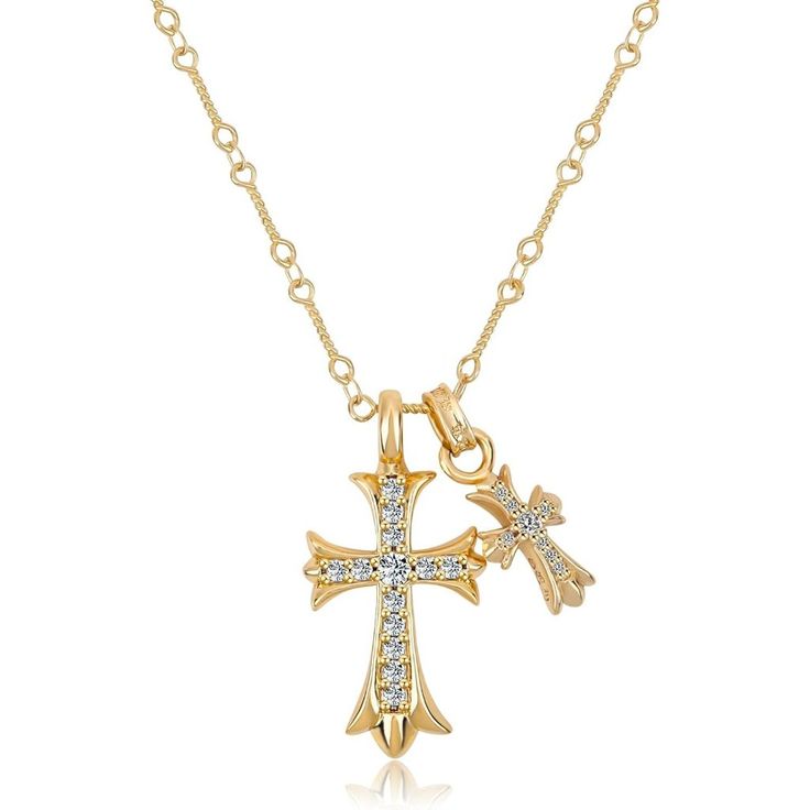 The Cross Pendant Necklace With Bamboo Link Chain And Diamond-Encrusted Cross Pendants Is A Classic Design That Meets All Your Fashion Needs. Whether You Choose To Wear Both Pendants Or Just One, This Necklace Adds A Touch Of Elegance To Any Outfit. With Its Shimmering Diamonds And Timeless Design, Our Cross Pendant Necklace Will Make You Feel Confident And Stylish No Matter The Occasion. The Cross Necklace Is Made Of 14k Gold Plating, Which Is Not Only Fashionable But Also Comfortable To Wear A Catholic Dimond Cross Woman Necklace, Crystal Jewelry With Diamond Accents, Cross Pendant, Crystal Cross Jewelry With Diamond Accents, Cross Shaped Crystal Jewelry With Diamond Accents, Yellow Gold Cubic Zirconia Cross Pendant, Gold Charm Necklaces With Diamond Accents In 14k Gold, Cubic Zirconia Cross Jewelry With Adjustable Chain, Cubic Zirconia Jewelry With Diamond Accents Cross Pendant, Dainty Cross Jewelry In Cubic Zirconia