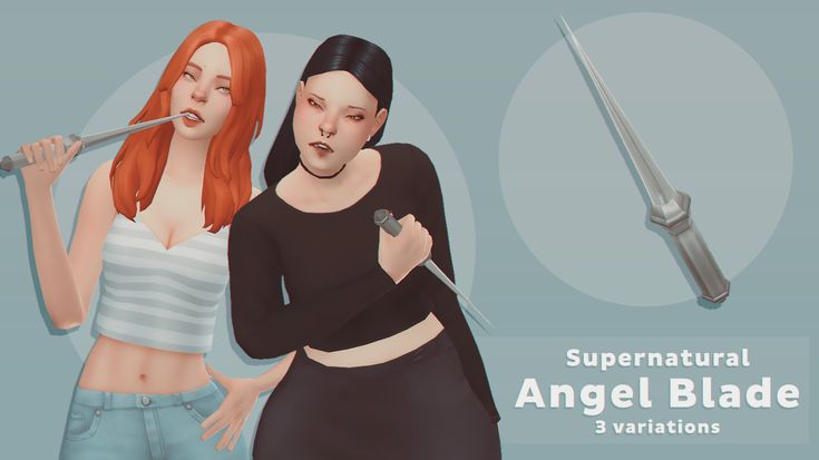 two women are standing next to each other with swords in their hands and the words, supernatural angel blade 3 variations