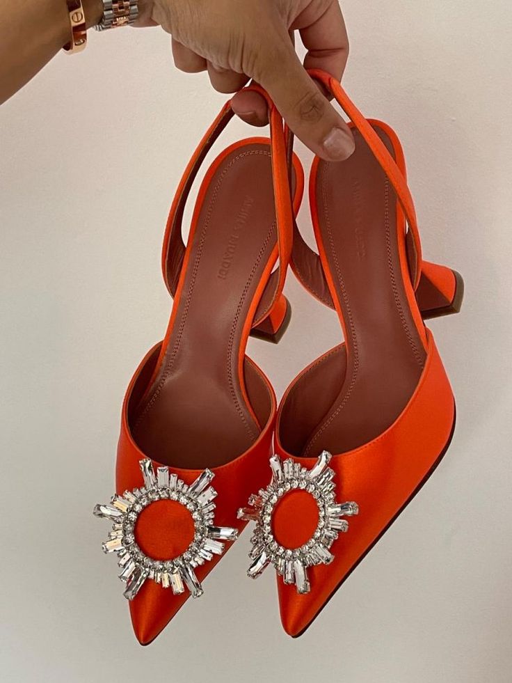 Trendy Heels For Women, Orange High Heels, Heels Orange, Amina Muaddi Heels, Amina Muaddi Shoes, Balmain Shoes, Fancy Heels, Heels Aesthetic, Orange Heels