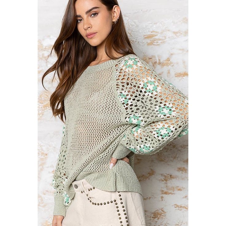 Good Energy Patchwork Crochet Sweater in Sage You may have to layer this cutie with a tank or cami, but the #details make it worth it! You don't have to do a neutral underneath, we're thinking a powder blue or baby pink may give it a little extra pop too! Open weave & lightweight, those combos make this a great pair with jeans & shorts. Sage green with fab crochet sleeves, think about it with white bottoms (insert BIG heart eyes for that outfit inspo)! Item Deets: Length: 23 1/2" Bust: 22" Measured from a small Oversized fit Size Chart Small: 2-6 Medium: 6-10 Large: 10-14 Shop all your favs + all the new at shoppoppyandseed.com + receive 15% off your first order! ❤ Return Policy: Even Exchange or Store Credit only within 7 days of delivery. Patchwork Crochet Sweater, Crochet Granny Square Sweater, Patchwork Crochet, Square Sweater, Crochet Sleeves, Granny Square Sweater, White Bottoms, Comfy Pants, Pullover Sweater Women