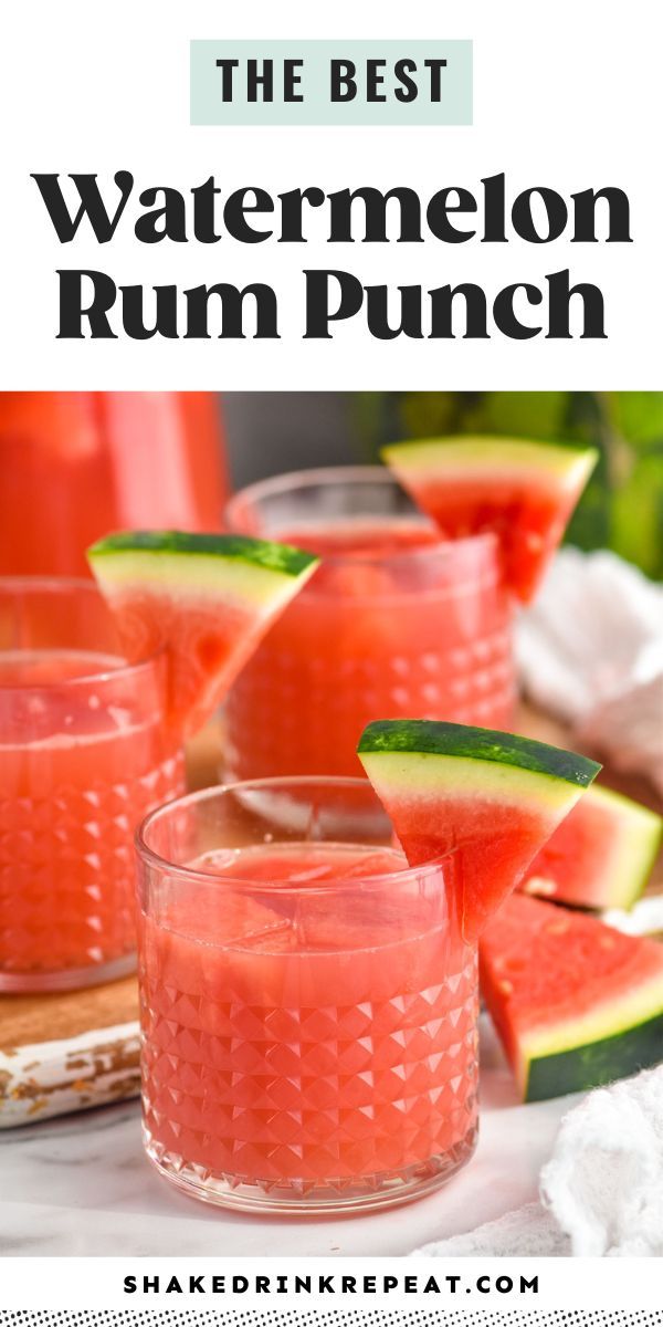 watermelon rum punch in glasses with slices of watermelon on the rim