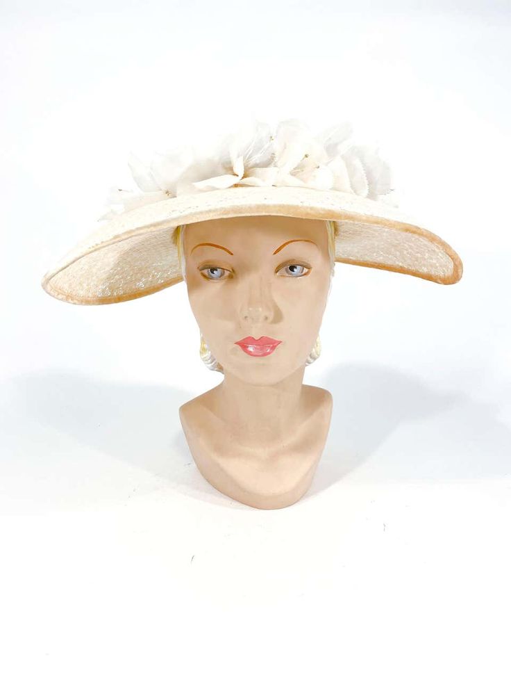 For Sale on 1stDibs - 1950s cream-colored starched lace picture hat with handmade french silk flowers, velvet trim, and bow accent. This hat is meant to be worn with a hat pin French Silk, Velvet Trim, Hat Pin, Cream Lace, Hat Pins, Silk Flowers, Velvet, Trim, Disney Princess