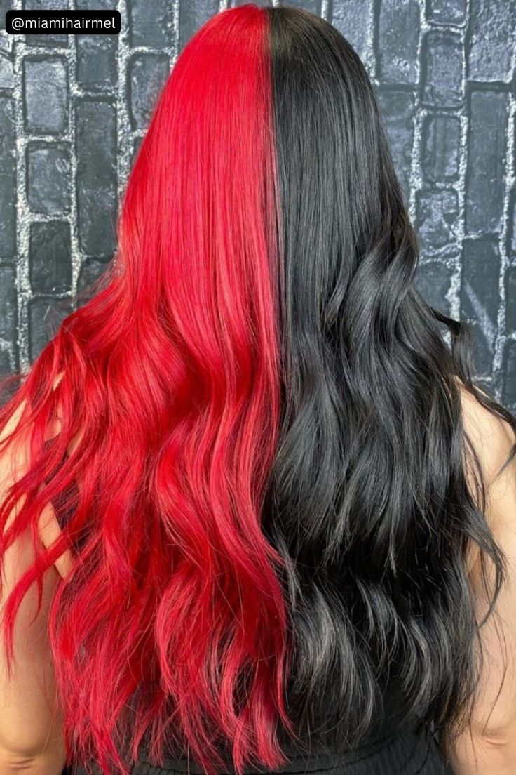 Bright Red and Jet Black Split Dye: Bold Contrast Red And Black Hair Ideas, Hair Colora, Split Dye Hair Ideas, Dye Hair Ideas, Split Dye Hair, Split Dye, Black Red Hair, Split Dyed Hair, Dyed Red Hair