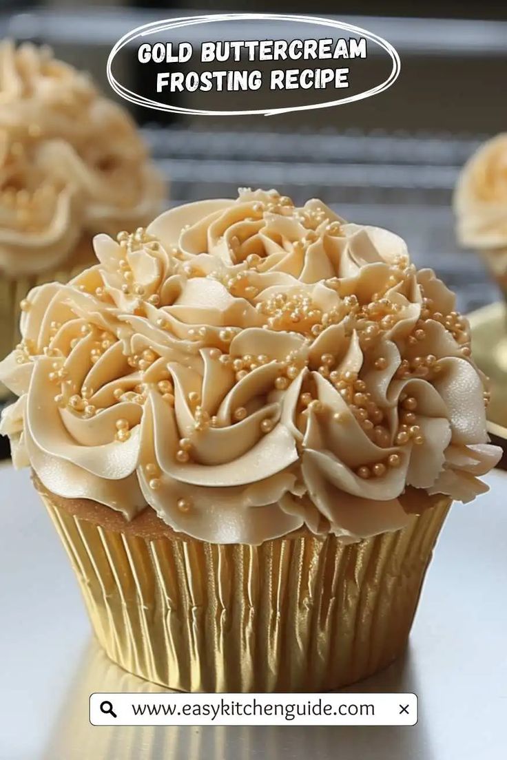 there is a cupcake with frosting on it and the words gold buttercream frosting recipe above it