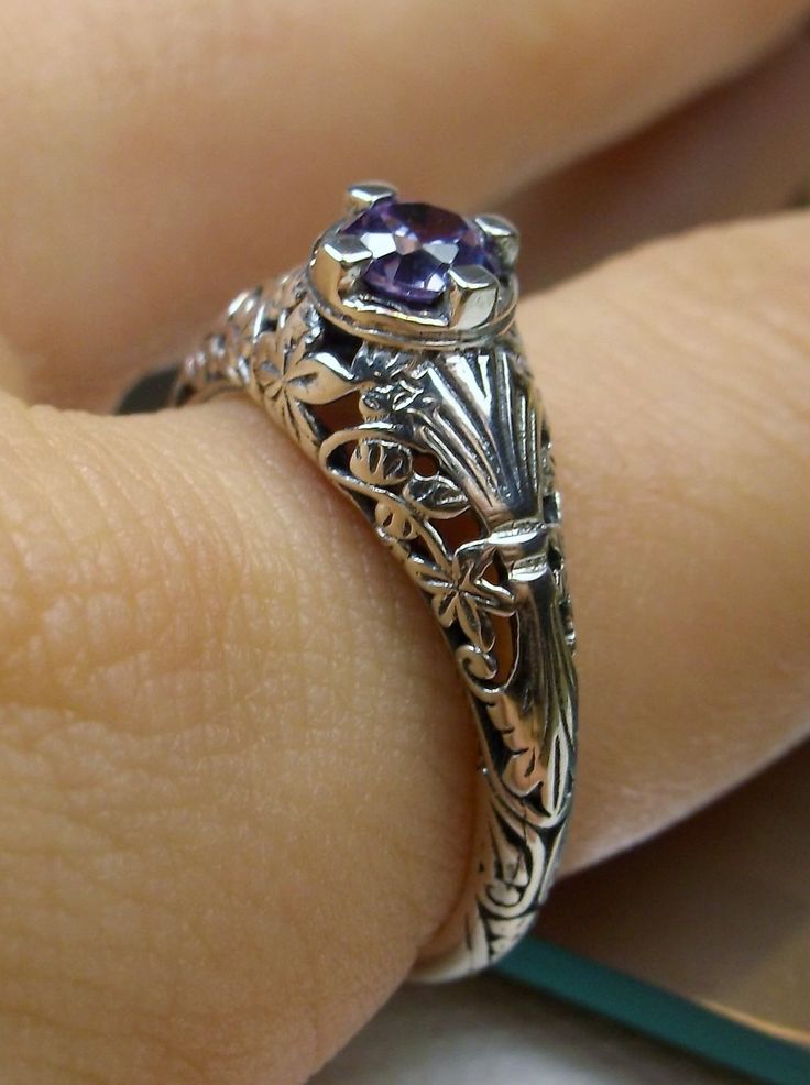 Natural Purple Amethyst Ring, Sterling Silver Floral Filigree, Wedding Ring, Silver Embrace Jewelry Sterling Silver Purple Jewelry With Intricate Design, Sterling Silver Jewelry With Intricate Design In Purple, Purple Sterling Silver Jewelry With Intricate Design, Purple Sterling Silver Filigree Jewelry, Antique Engraved Ring With Intricate Design In Sterling Silver, Antique Sterling Silver Engraved Ring With Intricate Design, Vintage Engraved Ring In Antique Silver For Wedding, Victorian Filigree Ring With Intricate Design In Sterling Silver, Sterling Silver Victorian Filigree Ring