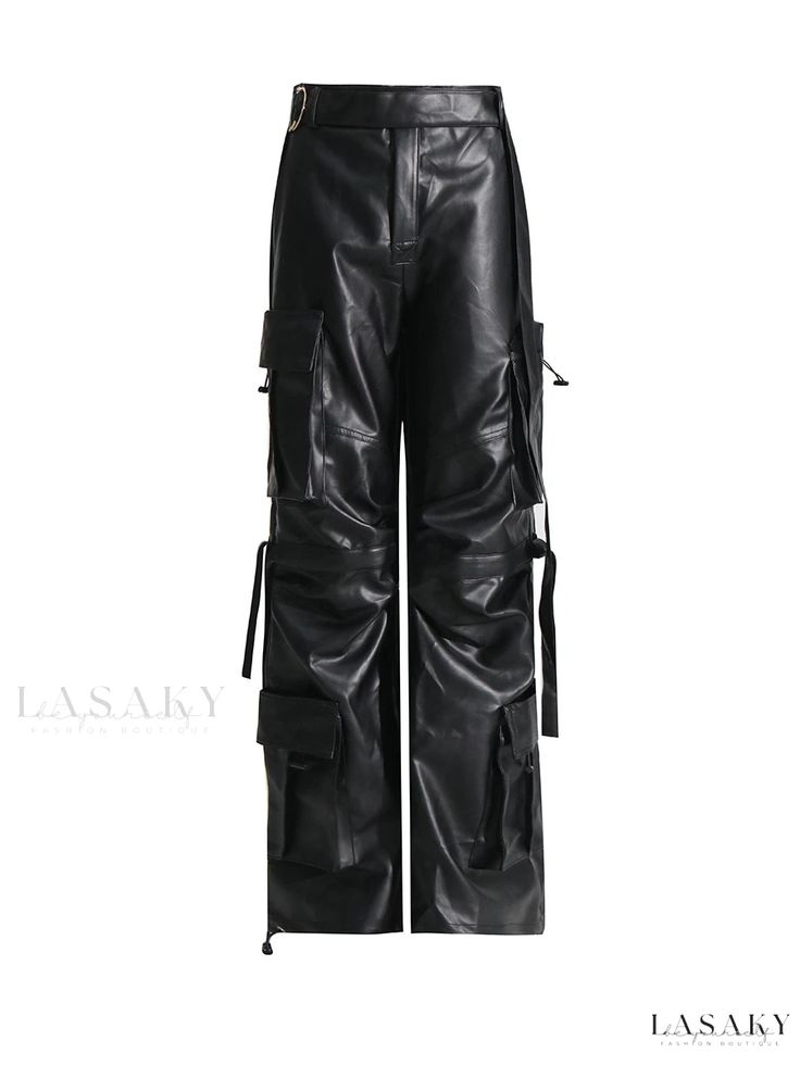 Lasaky - Fashionable High-Waisted Straight-Leg Leather Work Pants with Stylish Multi-Pocket Design Pants Women Fashion, American People, Leather Trousers, Leather Work, Drawstring Pants, Straight Pants, Work Pants, Straight Leg Pants, Fashion Pants