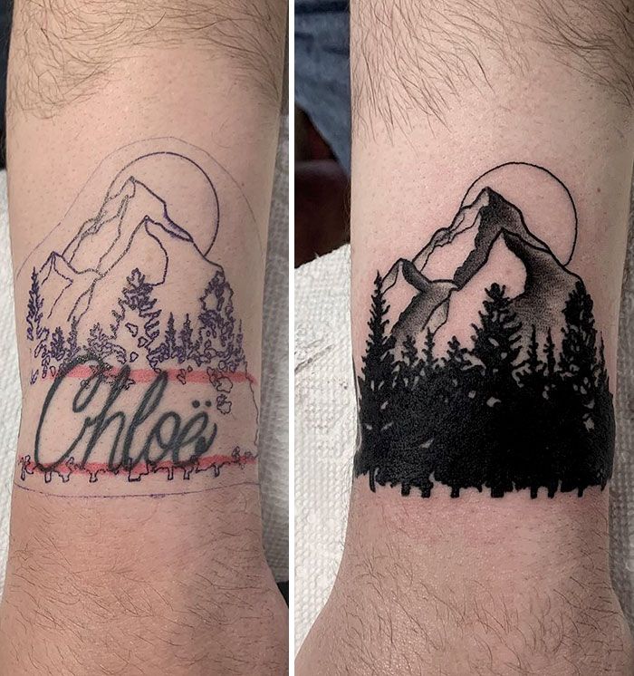 two tattoos on the arms of men with mountains and trees