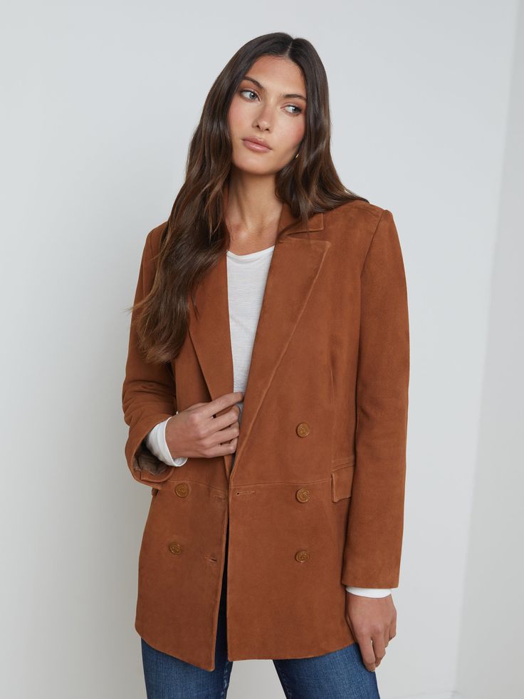 Now in a supple suede, the Aimee blazer features a cool-without-trying oversized fit and timeless appeal. • 100% goatskin suede • Fully lined • Strong shoulder • Double-breasted front closure • Front flap pockets • Embossed buttons • Three-button cuffs | L'AGENCE Aimee Suede Blazer In Cognac Monroe Hat, Camel Blazer, Suit Outfit, Statement Blouse, Suede Blazer, Strong Shoulders, Boyfriend Blazer, Knit Denim, Fall Skirts