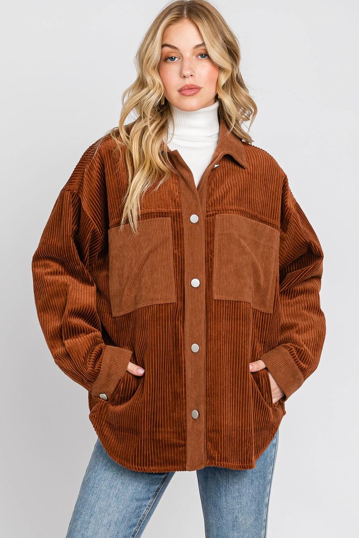 -Color: Chocolate/Rust -Relaxed fit -Side pockets -Content: Self 100% Cotton /Contrast 97% Polyester 3% Spandex -Hand wash cold/ Lay flat to dry -Imported -Runs true to size -Approx. Length: 28" -Model is 5'8"and wearing size Small Orange Corduroy Jacket Outfit, Corduroy Jacket Outfit, Cowgirl Baby, Versatile Outfits, Ralph Lauren Outfits, Corduroy Jacket, Long Sleeves Jacket, Modern Fashion, Outfits Casuales