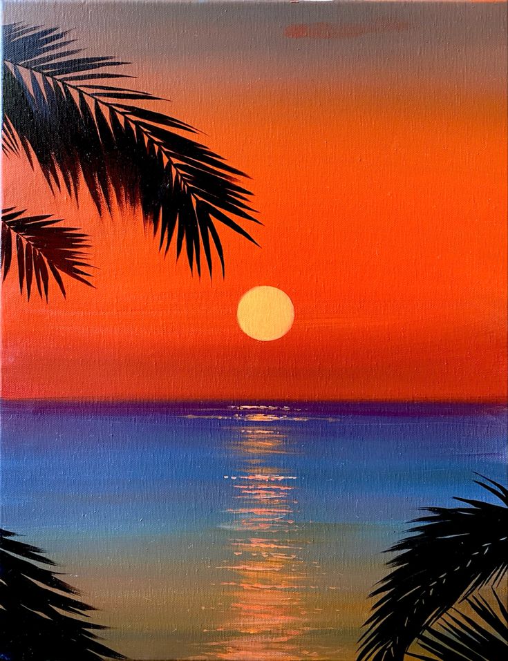 an acrylic painting of the sun setting over the ocean with palm trees in foreground