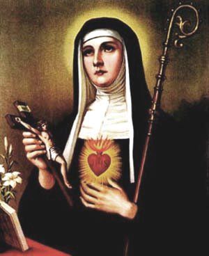 a painting of a nun holding a heart and a cat next to her with flowers in the foreground