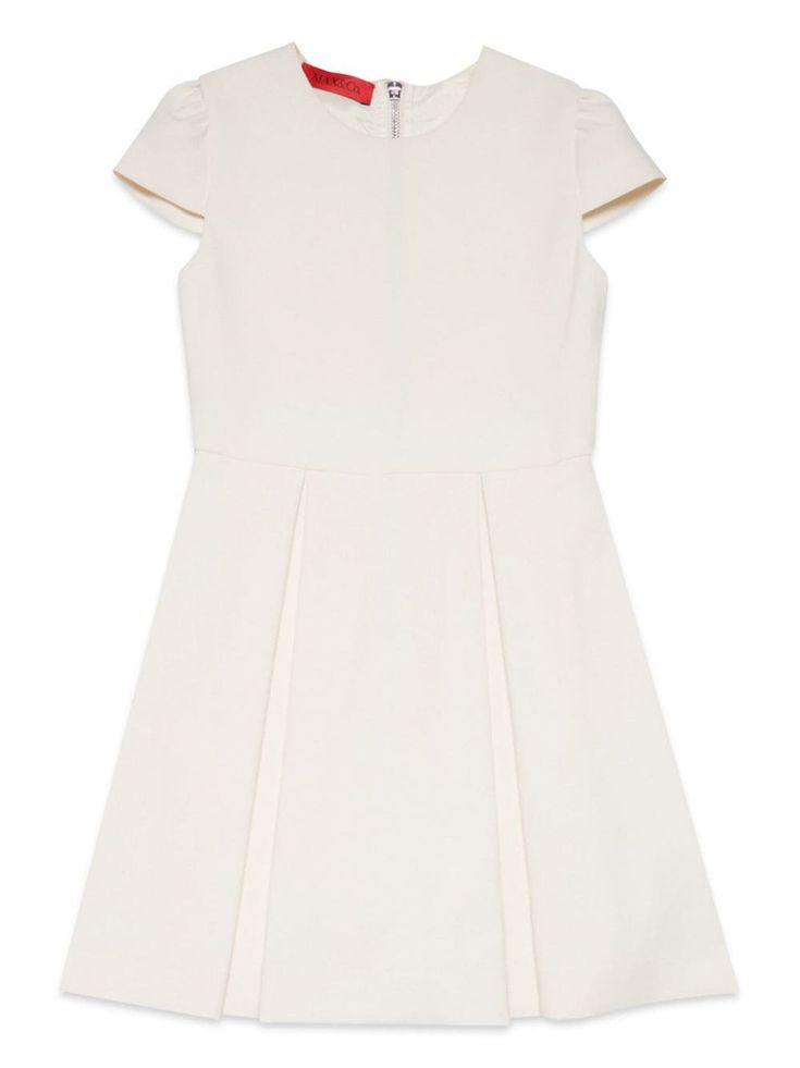 cream white stretch-design pleat detailing round neck rear zip fastening short sleeves straight hem Fitted White Mini Dress With Cap Sleeves, White Fitted Mini Dress With Cap Sleeves, White A-line Pleated Dress, White A-line Dress With Pleated Waist, White Fitted Pleated Workwear Dress, White Workwear Dress With Pleated Back, White Pleated Back Dress For Work, White Fitted Pleated Dress For Work, White Mini Dress With Pleated Hem