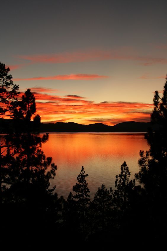 the sun is setting over a lake with trees