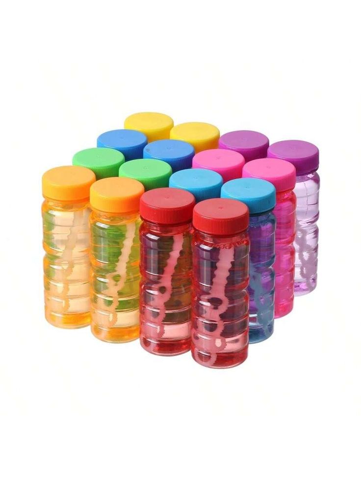 many different colored plastic jars with lids