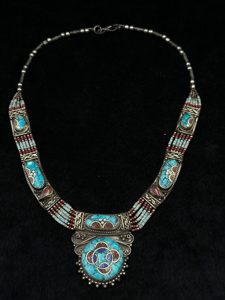 Vintage Nepali Tibetan Beautiful Design Necklace With Turquoise and Coral Stone - Etsy Turquoise Beaded Pendant Jewelry, Vintage Turquoise Necklace With Polished Beads, Vintage Turquoise Multi-stone Jewelry, Vintage Turquoise Necklace With Polished Beads For Gift, Turquoise Multi-stone Round Jewelry, Spiritual Turquoise Pendant Jewelry, Vintage Multi-stone Turquoise Jewelry, Bohemian Turquoise Multi-stone Pendant Necklace, Turquoise Jewelry With Natural Stones For Healing