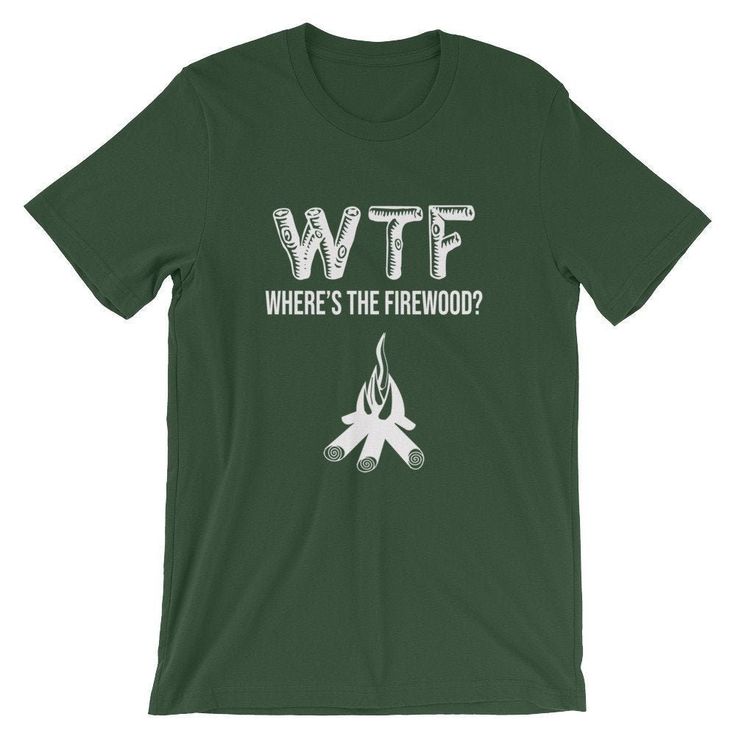 "Campfire Camping Shirt / WTF Where's the Firewood / Funny Cute Outdoor Adventure Glamping RV Tent Wilderness / Birthday Gift T-Shirt Tee * 100% combed and ring-spun cotton (heather colors contain polyester) * WTF Where's the Firewood // Funny Cute Camp Camping Camper Outdoor Adventure Glamping / Birthday Present Gift Idea Shirt / Unisex * Shoulder-to-shoulder taping * Side-seamed The Male model is wearing a size M. He's 6.2 feet (190 cm) tall, chest circumference 37.7\" (96 cm), waist circumfer Camping Tshirt Ideas Funny, Camper Sayings Funny, Green Cotton Tops For Camping, Summer Camping Tops With Text Print, Camping T Shirts Ideas, Camping Shirt Ideas, Wilderness Birthday, Camping Tshirt Ideas, Camp Tshirt Designs