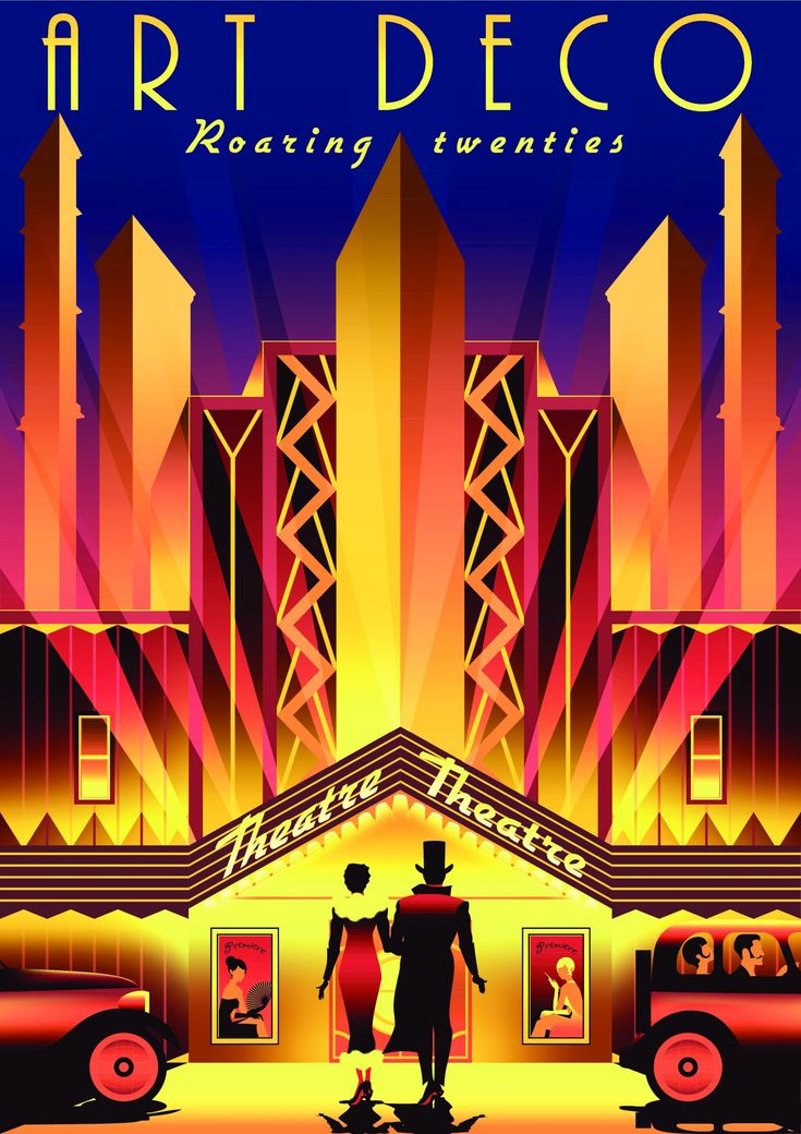 the art deco poster shows two people walking in front of a building with neon lights