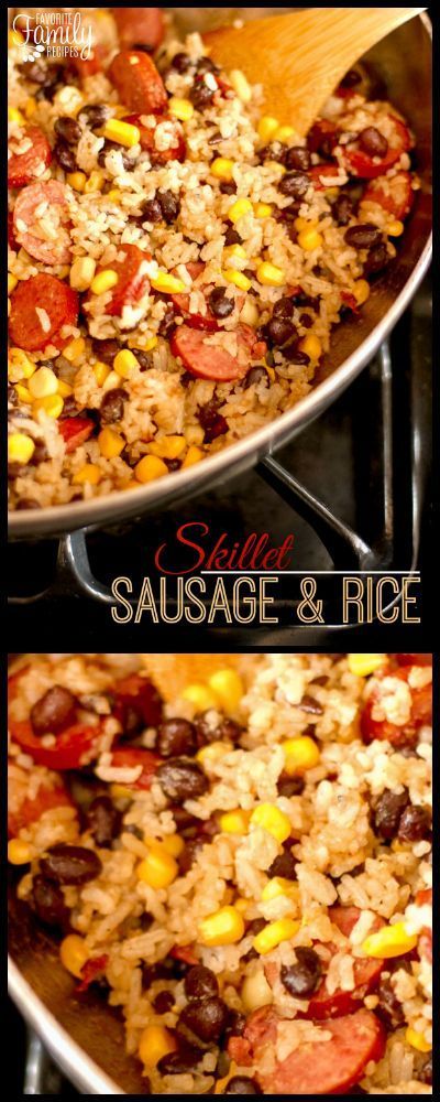 two pictures showing different types of food being cooked in a skillet with the words sausage and rice on it