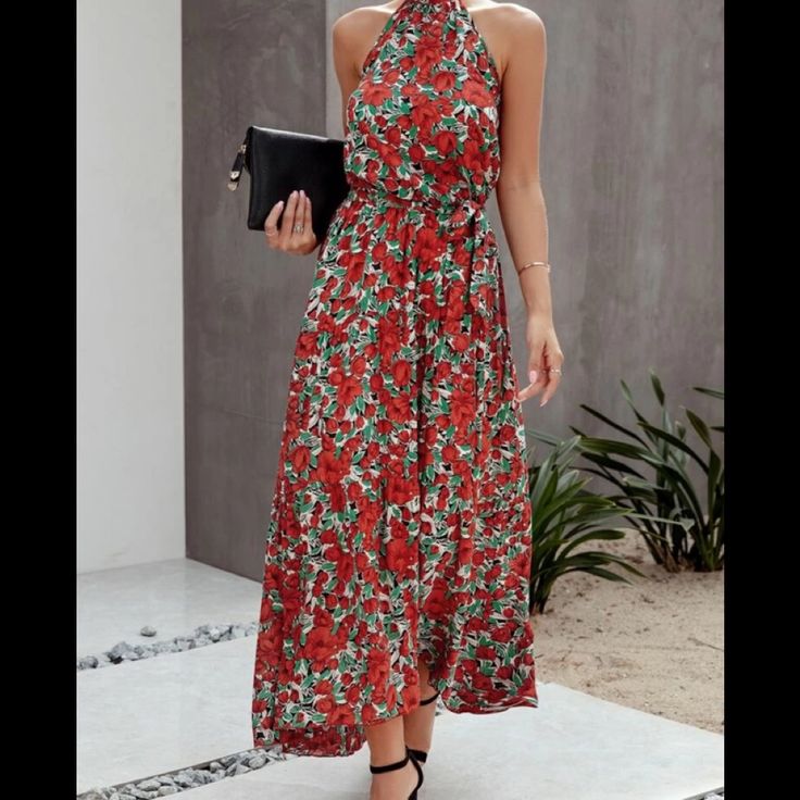 Maxi Dress Elegant Red Floral Midi Dress, Casual Floral Maxi Dress For Party, Casual Maxi Floral Dress For Party, Casual Maxi Length Floral Dress For Party, Chic Red Floral Dress For Summer, Chic Red Floral Summer Dress, Chic Red Floral Dress, Casual Floral Print Sleeveless Party Dress, Chic Floral Dress For Date Night In Spring