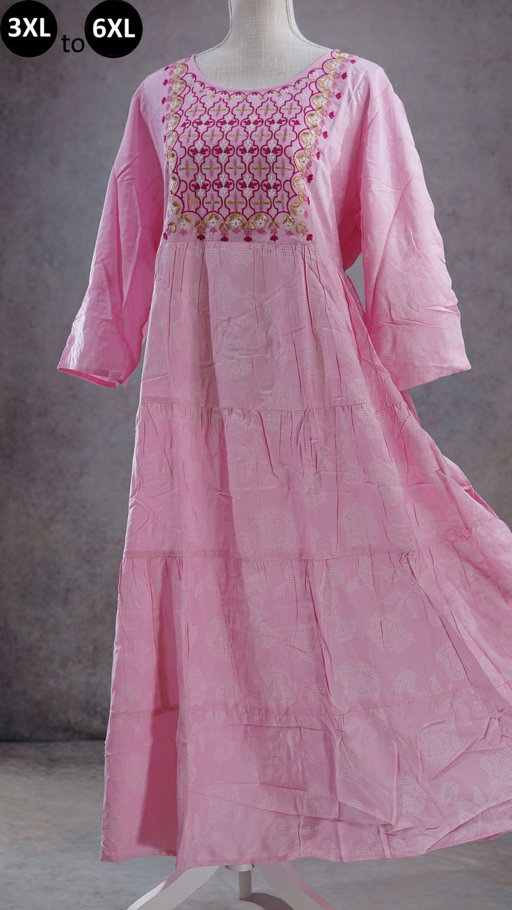 PRODUCT DETAILS  This is a beautiful Pink Ethnic dress with a beautiful white dotted print on it. The yoke has beautiful embroidery.  The dress has an A-line pattern with tiered structure. The dress has a round neck, 3/4 sleeves and flary hem. It is made of Rayon fabric. Color: Baby Pink Fabric: Rayon Print: Printed Hemline: Flared Sleeve Length (Inches): 16 Sleeve: Three-Quarter Sleeves Sleeve Styling: Regular Sleeves Length Type: Maxi Length (Inches): 50 Neck: Round Neck Shape: Tiered Ornament Kurti Casual, Kurta Dress, Indian Prints, Western Women, Printed Kurti, Dress Indian, Festive Wear, Ethnic Dress, Indo Western