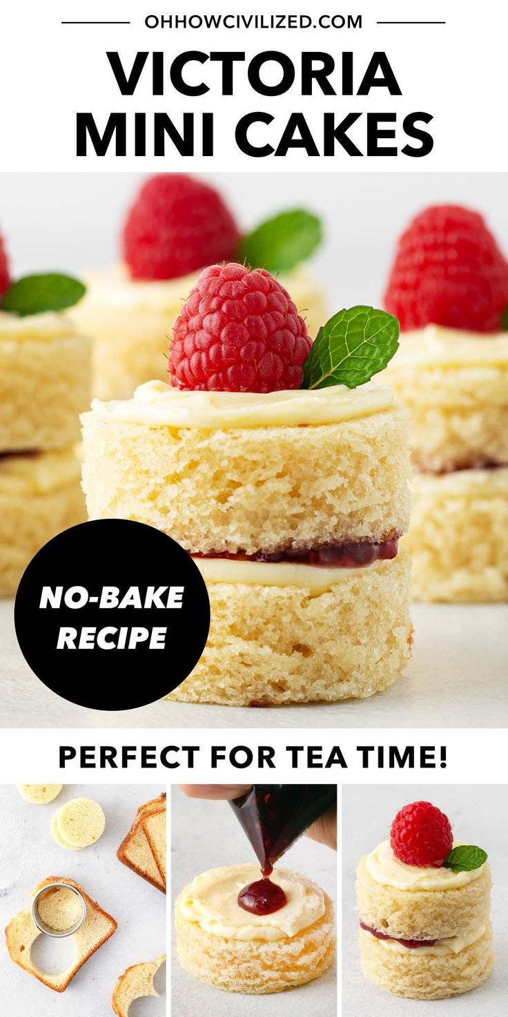 the recipe for victoria mini cakes with raspberries on top is shown in three different pictures