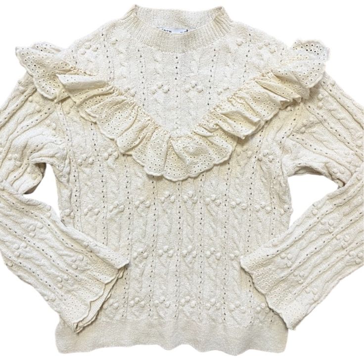 Please See Condition Info Below Zara Long Sleeve Eyelet Ruffled Cable Knit Sweater In Cream Mock Neck, Arrow Ruffle In Front & Back, Bobbles, Slight Bell Sleeve, Side Slits, Romantic, Prairie, Cottagecore, Boho, Bohemian, Work Or Casual Size S -- Pit To Pit 18.25", Shoulder To Hem 23" -- 100% Cotton Great Condition! (Frayed A Tad On The Top Collar Right Seam, But Not Noticeable While Wearing. See Pics) 11/17/22-1 Cable Knit Sweater Womens, Chunky Cable Knit Sweater, Mock Turtleneck Sweater, Cropped Knit Sweater, Ribbed Turtleneck Sweater, Fitted Turtleneck, Alpaca Sweater, Sleeveless Turtleneck, Thick Sweaters