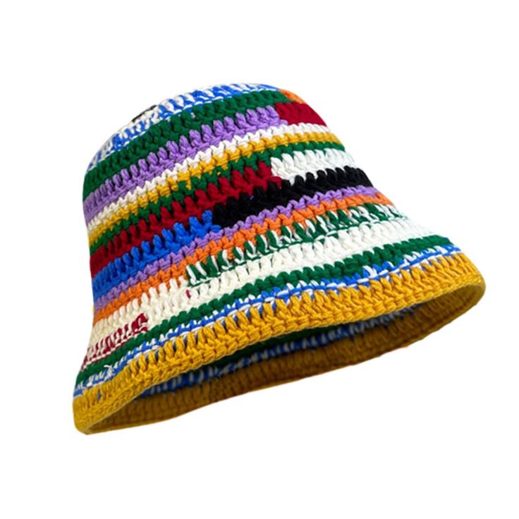 a multicolored crocheted hat on a white background