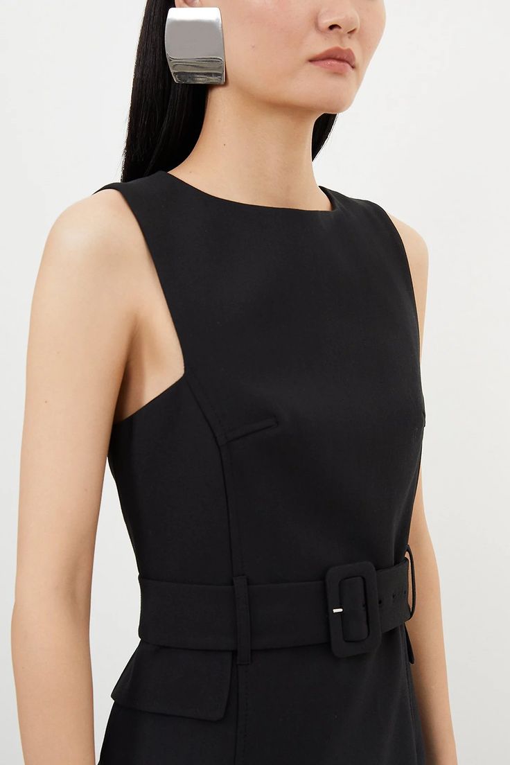 Compact Stretch Belted Tailored Midi Pencil Dress | Karen Millen Fitted Midi Dress With Belt For Evening, Evening Fitted Midi Dress With Belt, Belted Fitted Midi Dress, Fitted Belted Midi Dress, Fitted Midi Dress With Belt, Fitted Midi Length Dress With Belt, Classic Belted Dress For Office In Summer, Fitted Belted Midi Dress For Office, Classic Summer Belted Dress For Office