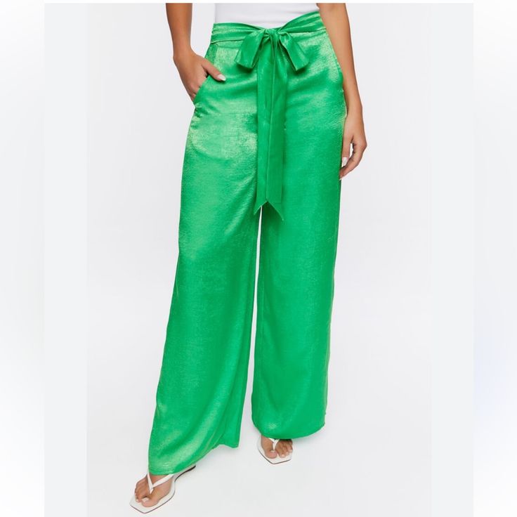 Stunning Textured Satin Wide Leg Palazzo Pants From Forever21 Have A Tie Waist And Zip Up The Back And Are In New Condition With No Flaws. Size M Waist: 28” Length: 44.5” Priced For Quick Sale, See Closet For More Unique Pieces And Bundle To Save Chic Green Tie-waist Bottoms, Chic Green Bottoms With Tie Waist, Green Wide Leg Pants For Night Out In Summer, Spring Green Pants With Tie Waist, Green Wide Leg Pants For Night Out In Spring, Summer Party Bottoms With Tie Waist, Green Tie Waist Bottoms For Spring, Spring Wide Leg Tie Waist Pants, Fitted Green Bottoms With Tie Waist