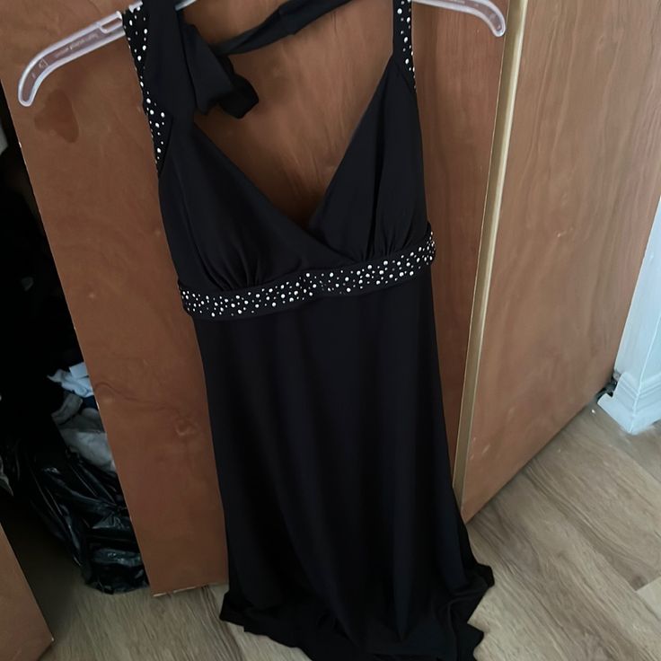 Women’s Evening Party Black Dress With Sequins Size L Originally $68 So This Is A Very Good Deal! Halter Neck Mini Dress For Evening Holiday, Holiday Evening Halter Neck Mini Dress, Holiday Evening Mini Dress With Halter Neck, Cocktail Halter Neck Dress For Party Season, Elegant Halter Dress For Party, Stretch Halter Neck Party Dress, Elegant Stretch Halter Dress For Party, Embellished Fitted Halter Dress For Cocktail, Elegant Halter Neck Mini Dress For Party