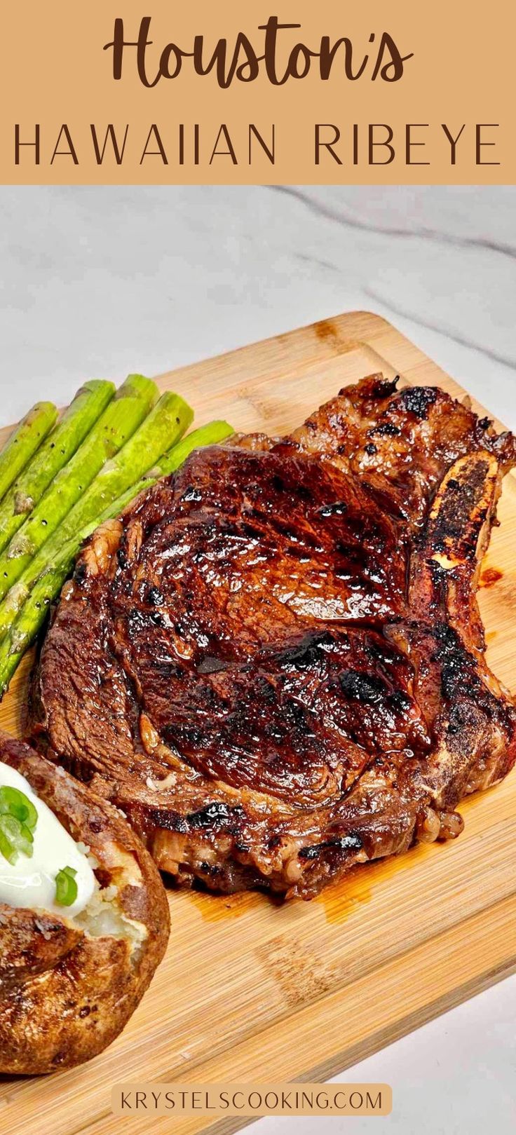 steak with asparagus on a cutting board and the words houston's hawaiian ribeye