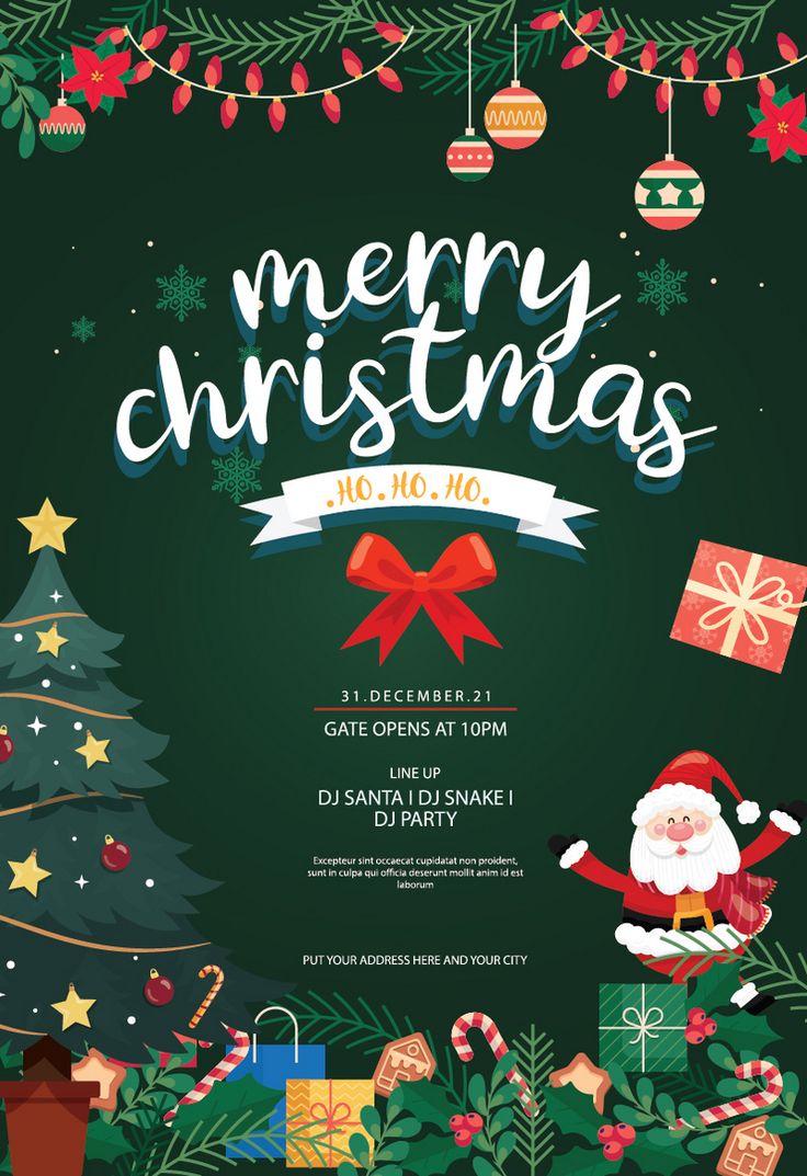 a christmas flyer with santa claus and presents on the tree in front of it,