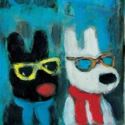 two dogs wearing sunglasses are standing next to each other