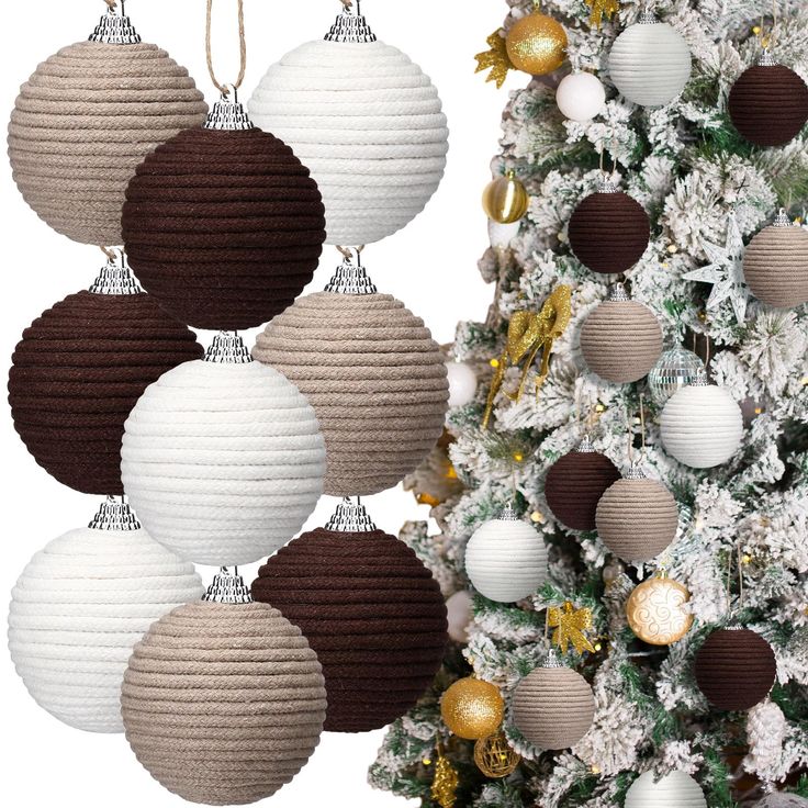 a christmas tree with white and brown balls hanging from it's sides next to a decorated christmas tree