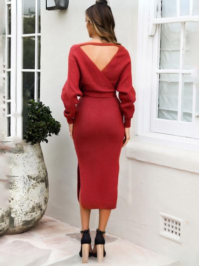 Lorene Tie Waist Midi Sweater Dress - Red – SMAIBULUN Sweater Dress With Heels, Dress With Heels, Kimono Sweater, Long Sweater Dress, Sweater Dress Midi, Slim Dresses, Knit Sweater Dress, Batwing Sleeve, Types Of Skirts