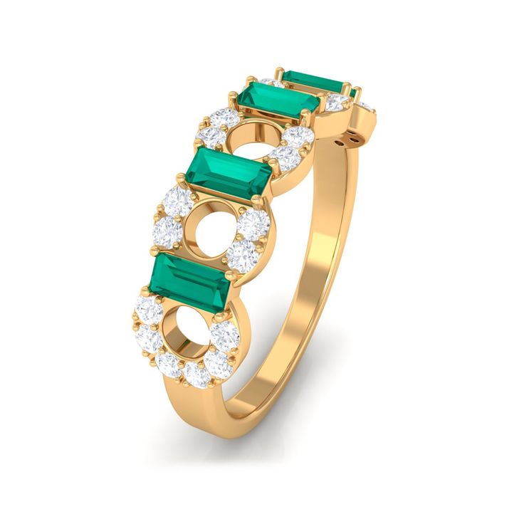 Product Details Radiate allure with this Art Deco Half Eternity Ring adorned with Emerald and diamond gemstones, a symbol of eternal elegance and sophistication. Product Information SKU SHP-RINGS032222396 Weight 2.80 gm (Approximate) EMERALD INFORMATION No.of Stones 4 Pieces Total Weight 0.48 Carat (Approximate) Dimension(approx) Baguette-2X4 mm-4 Pcs Color Green Cut Brilliant Shape Baguette Setting Type Prong-Setting Quality Grade AAA DIAMOND INFORMATION No.of Stones 24 Pieces Total Weight 0.60 Elegant Green Diamond Ring With Halo Design, Dazzling Green Diamond Ring, Timeless Green Diamond Round Ring, Timeless Green Diamond Promise Ring, Elegant Half Eternity Emerald Ring For Anniversary, Green Halo Diamond Ring For Anniversary, Dazzling Green Diamond Ring For Formal Occasions, Green Diamond Halo Ring In Round Cut, Green Diamond Rings With Diamond Accents