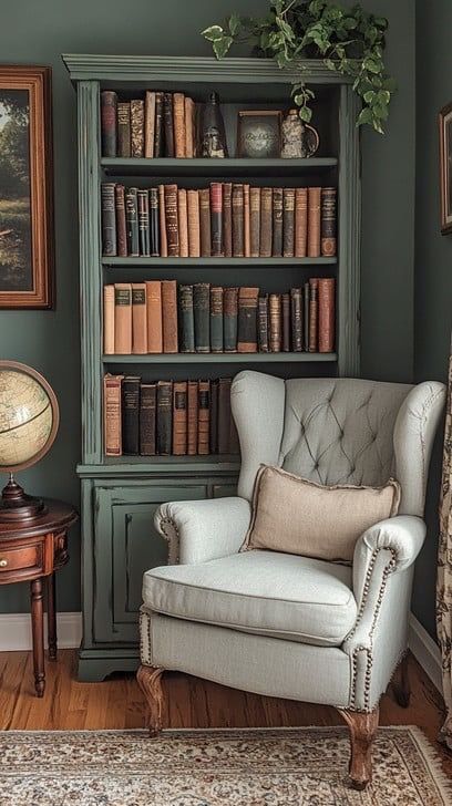 a chair in front of a bookshelf filled with lots of books