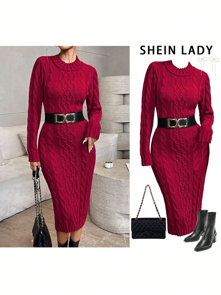 Solid Color Slim Fit Sweater Dress, Casual, Autumn/Winter Burgundy Elegant  Long Sleeve Fabric Plain  Slight Stretch  Women Clothing, size features are:Bust: ,Length: ,Sleeve Length: Batwing Sleeve Sweater, Sweater Dress Casual, Slim Fit Sweater, Sweater Dress Women, Ruffle Hem Dress, Women's Shapewear, Cosplay Dress, Vintage Casual, Women Long Dresses