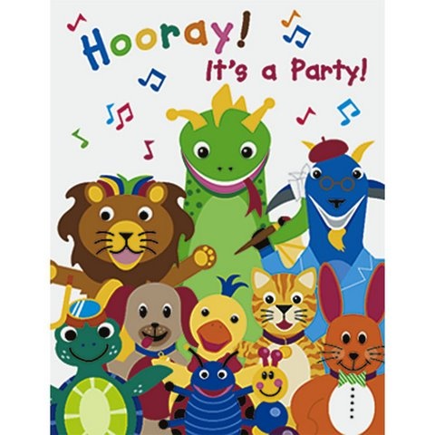 a birthday card with cartoon animals and music notes on the front, says hooray it's a party