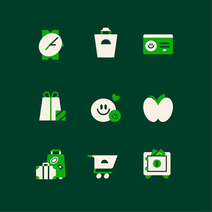 green and white icons on a dark green background, including an apple, shopping bag, camera, wallet, clock, money