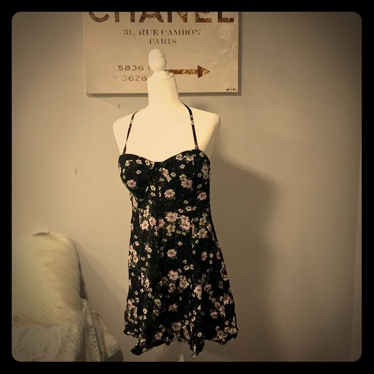 Pretty Floral Dress, Reminds Me Of The Ones Rachel Mcadams Would Wear In The “Notebook” So Girly And Romantic For The Summer Black Floral Print Sundress For Party, Black Floral Print Party Sundress, Black A-line Sundress For Summer, Black Fitted Knee-length Sundress, Black Floral Print Midi Sundress, Black Floral Print Sundress, Yellow Wrap Dress, Lace Embroidery Dress, Side Cutout Dress